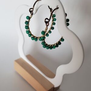 New 3mm Melachite Green Beaded Hoop Earrings